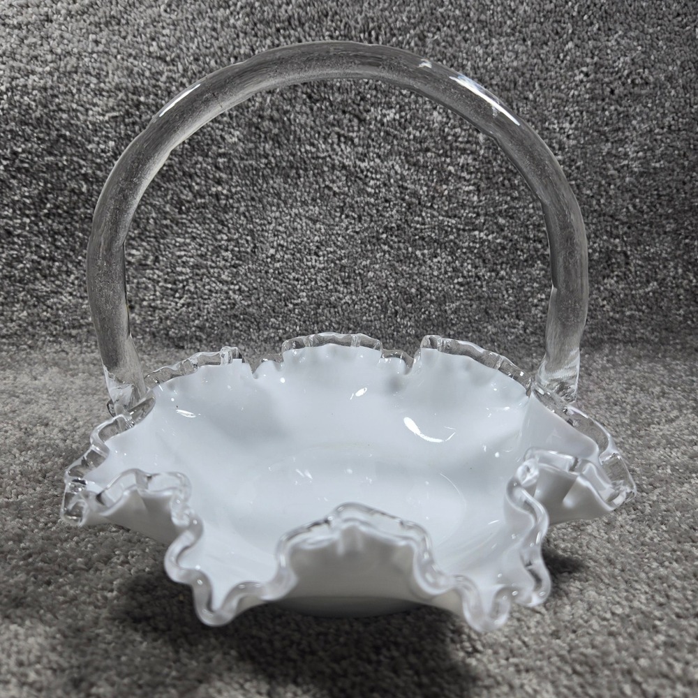 Fenton Basket White Silver Crest Ruffled Clear Edge Glass Vintage Decor 7"